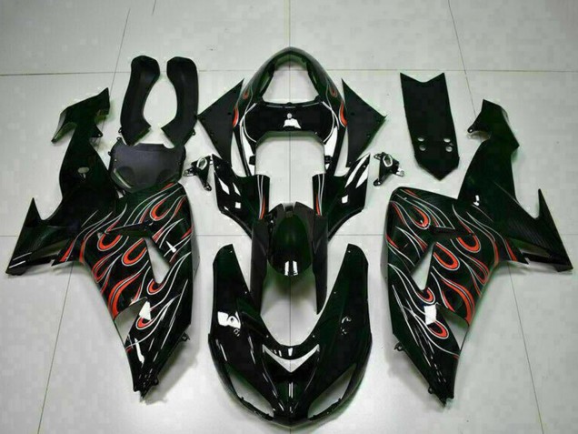 Kawasaki ZX10R Motorrad Verkleidung Kit 2006-2007 - Glanzendes Schwarz Rot Flamme