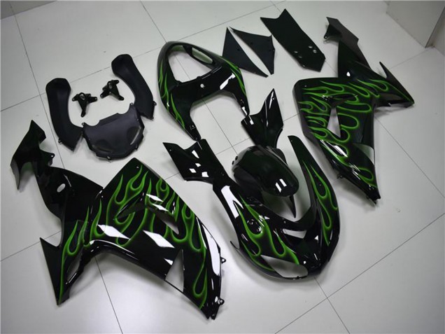 Kawasaki ZX10R Motorrad Verkleidung 2006-2007 - Glanzendes Schwarz Grun Flamme