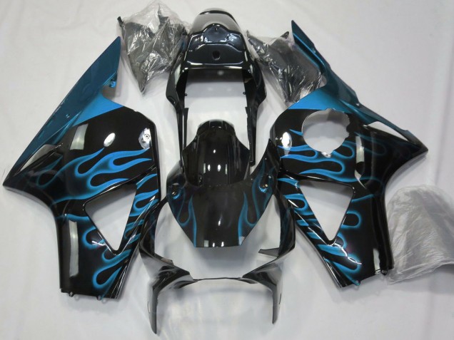 Honda CBR954RR Motorrad Verkleidung 2002-2003 - Glanzendes Schwarz Hellblau Flamme