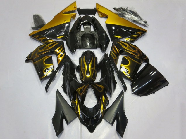 Kawasaki ZX10R Motorrad Verkleidung 2004-2005 - Glanzendes Schwarz Gold Flamme