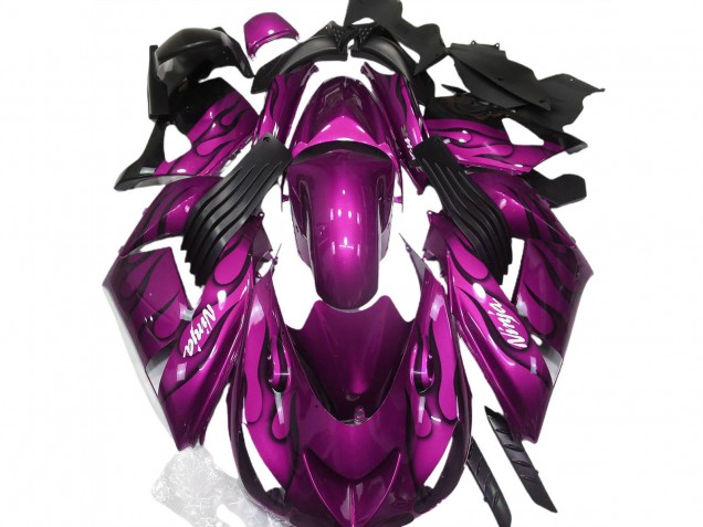 Kawasaki ZX14R Motorrad Verkleidung 2006-2011 - Lila Schwarz Flamme Weiss Ninja