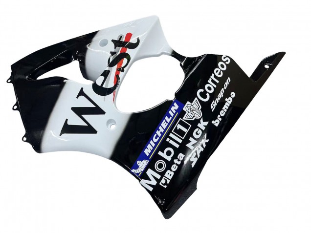 Kawasaki ZX6R Motorrad Verkleidung 2000-2002 - Glanzendes Schwarz Weiss West Michelin