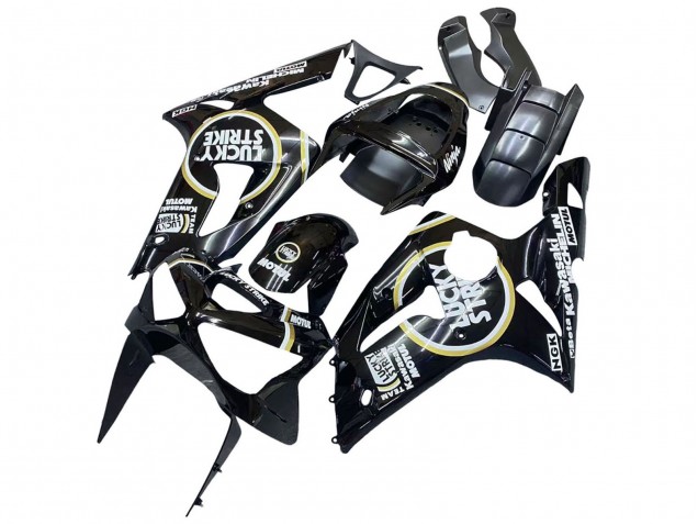 Kawasaki ZX6R Motorrad Verkleidung 2003-2004 - Glanzendes Schwarz Weiss Motul Lucky Strike