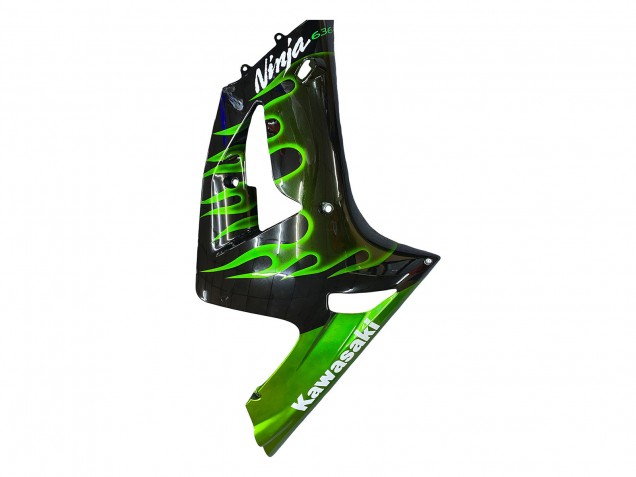 Kawasaki ZX6R Motorrad Verkleidung 2003-2004 - Glanzendes Schwarz Grun Flamme