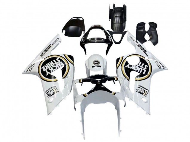 Kawasaki ZX6R Motorrad Verkleidung 2003-2004 - Weiss Schwarz Motul Lucky Strike