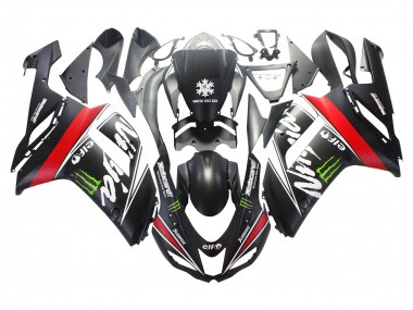 Kawasaki ZX6R Motorrad Verkleidung 2007-2008 - Schwarz Weiss Rot mit weissem Schnee Aufkleber Ninja Elf