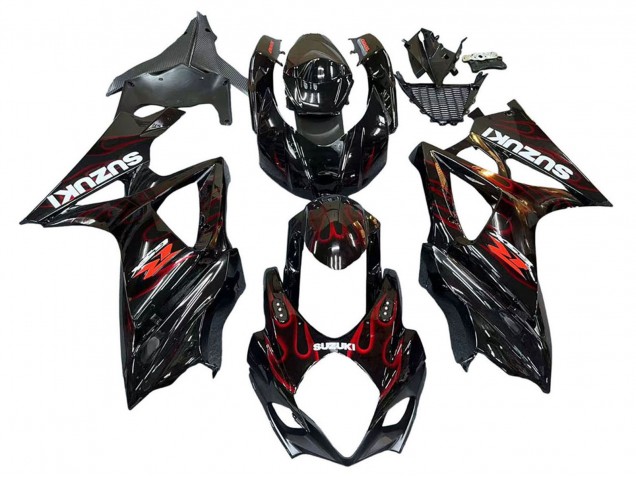 Suzuki GSXR 1000 Motorrad Verkleidung 2007-2008 - Schwarz Rot Flamme