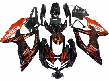 Suzuki GSXR 600 / GSXR 750 Motorrad Verkleidung 2008-2010 - Glanzendes Schwarz Orange Flamme