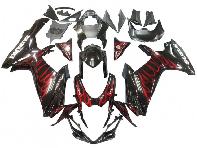 Suzuki GSXR 600 / GSXR 750 Motorrad Verkleidung 2011-2024 - Glanzendes Schwarz Rot Flamme