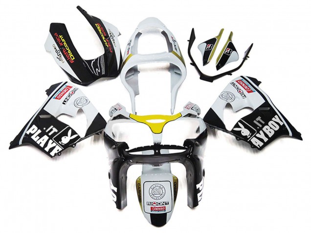 Kawasaki ZX9R Motorrad Verkleidung 2000-2001 - Weiss Gelb Glanzendes Schwarz Playboy