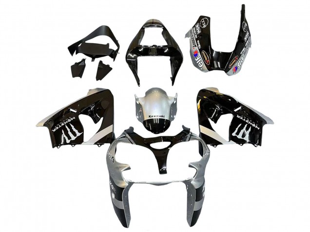Kawasaki ZX9R Motorrad Verkleidung 2002-2003 - Silber Glanzendes Schwarz Monster Elf