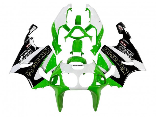 Kawasaki ZX7R Motorrad Verkleidung 1996-2003 - Weiss Grun Schwarz Gold Silkolene Dunlop