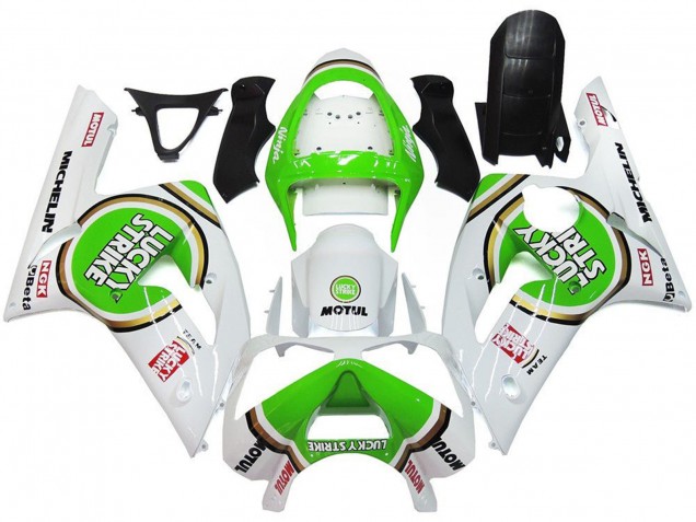 Kawasaki ZX6R Motorrad Verkleidung 2003-2004 - Weiss Grun Motul Lucky Strike