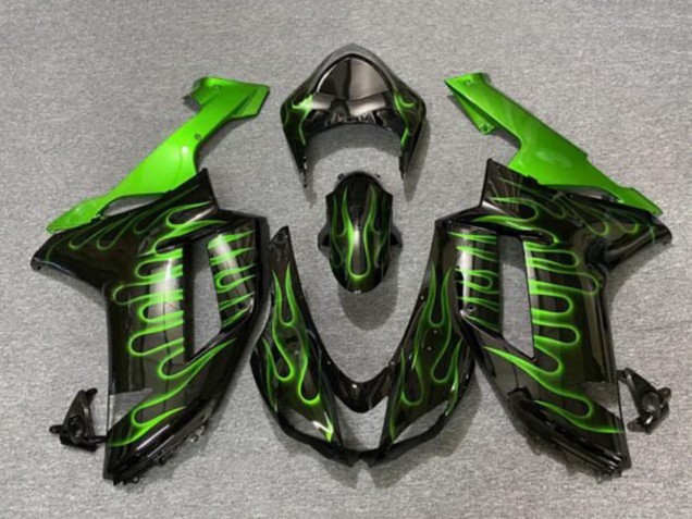 Kawasaki ZX6R Motorrad Verkleidung 2007-2008 - Schwarz Grun Flamme