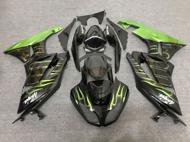Kawasaki ZX6R Motorrad Verkleidung 2007-2008 - Schwarz Hellgrun Flamme