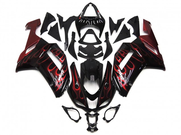 Kawasaki ZX6R Motorrad Verkleidung 2007-2008 - Schwarz Weiss Rot Flamme
