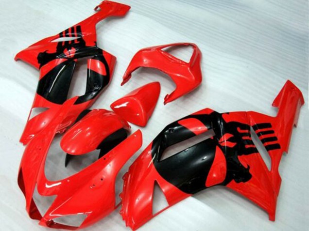 Kawasaki ZX6R Motorrad Verkleidung 2007-2008 - Rot Schwarz Schadel