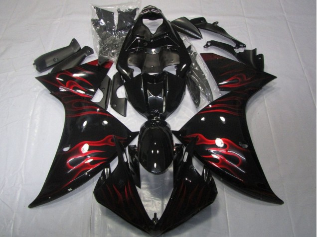 Yamaha YZF 1000 R1 Motorrad Verkleidung 2012-2014 - Glanzendes Schwarz Rot Flamme