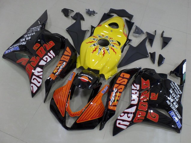 Honda CBR600RR Motorrad Verkleidung 2009-2012 - Gelb Orange Glanzendes Schwarz Rossi Rennen