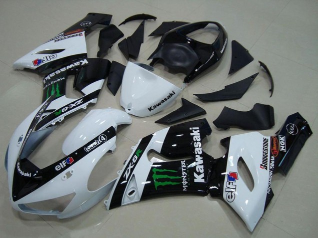 Kawasaki ZX6R Motorrad Verkleidung 2005-2006 - Weiss Glanzendes Schwarz Grun Monster