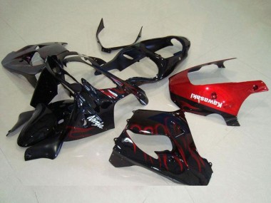 Kawasaki ZX9R Motorrad Verkleidung 2000-2001 - Glanzendes Schwarz Rot Flamme