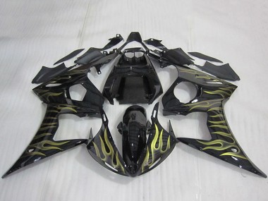 Yamaha YZF R6 Motorrad Verkleidung 2003-2004 - Glanzendes Schwarz Gold Flamme