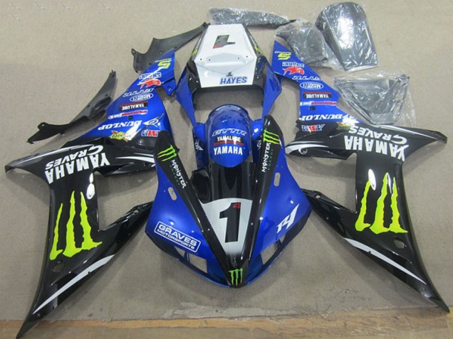 Yamaha YZF R1 Motorrad Verkleidung 2002-2003 - Weiss Blau Schwarz Neon Gelb Monster Graves 1